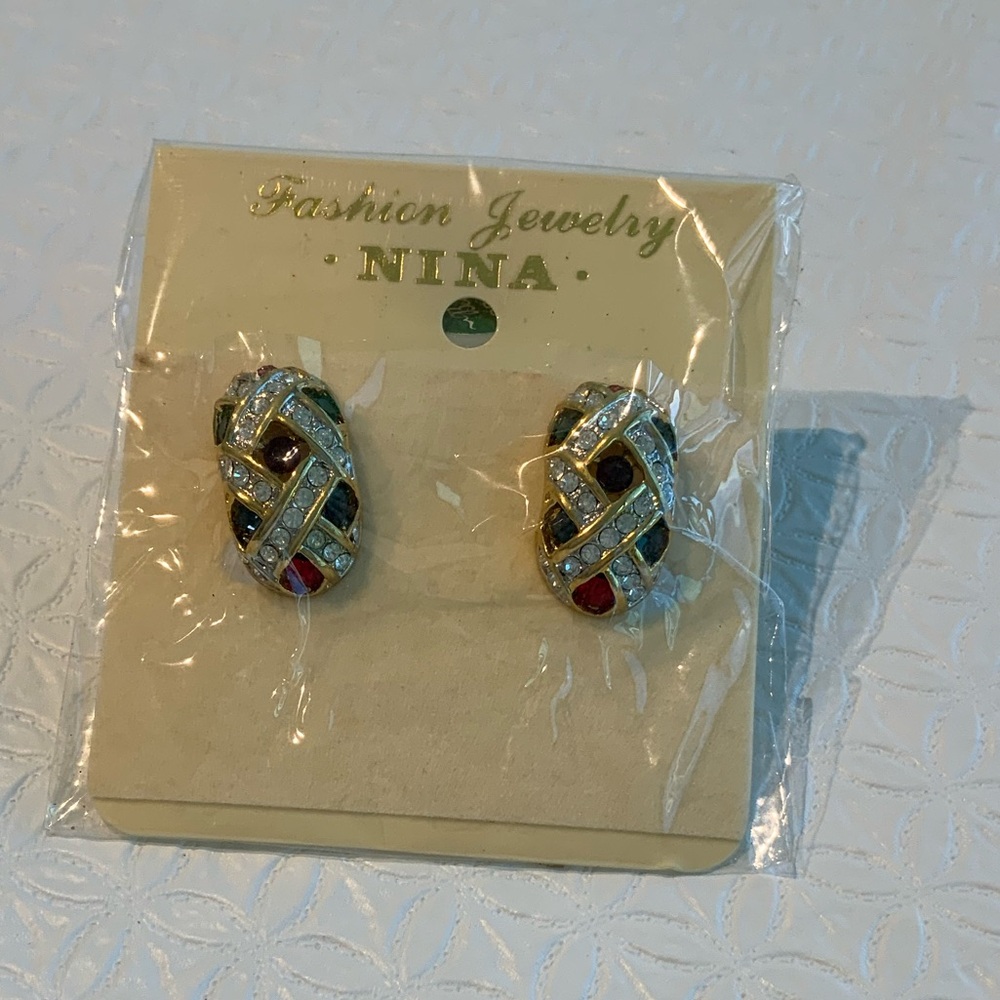 Nina Gold/Multicolored Clip Elegant Earrings NWOT - Picture 3 of 5